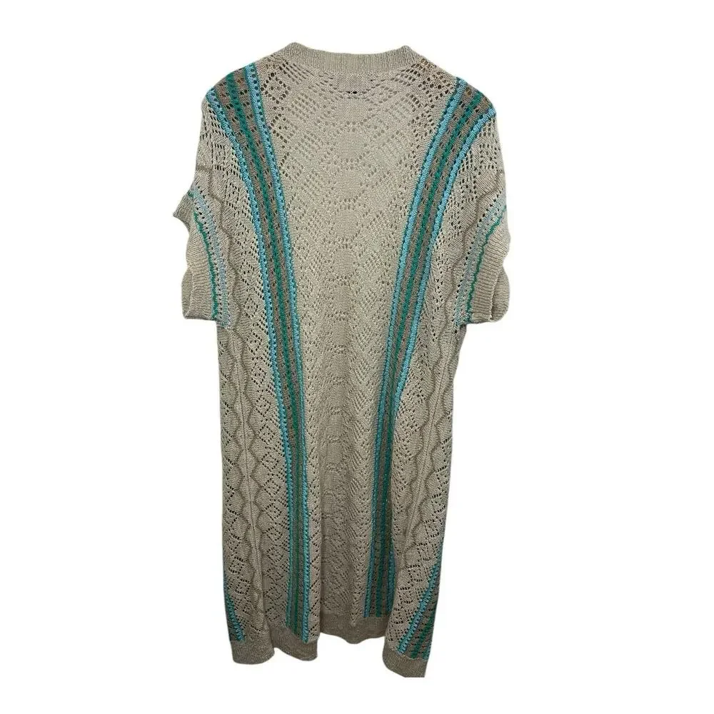 Crochet Duster Cardigan Festival Large Beige Hippie Short Sleeve Boho Lagenlook